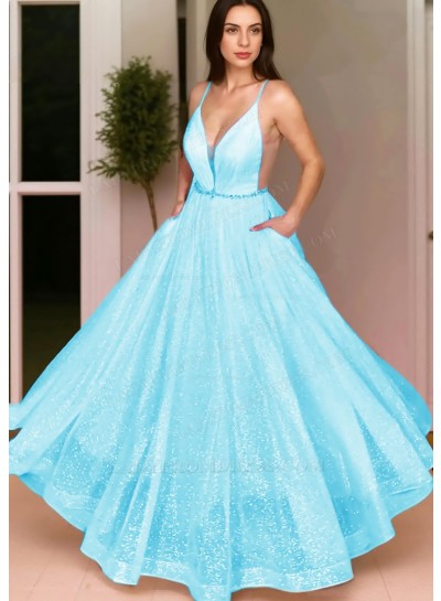 Blue Ball Gown Spaghetti Straps Sequins Prom Dresses with Beaded Belt