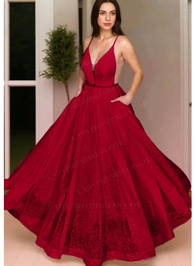 Burgundy Ball Gown Spaghetti Straps Sequins Prom Dresses with Beaded Belt