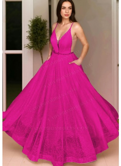 Fuchsia Ball Gown Spaghetti Straps Sequins Prom Dresses with Beaded Belt