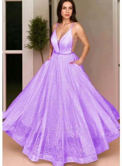 Lilac Ball Gown Spaghetti Straps Sequins Prom Dresses with Beaded Belt