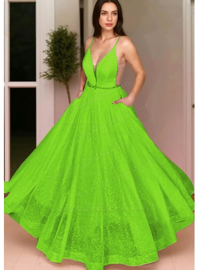 Lime Green Ball Gown Spaghetti Straps Sequins Prom Dresses with Beaded Belt