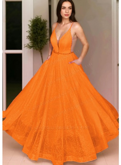 Orange Ball Gown Spaghetti Straps Sequins Prom Dresses with Beaded Belt