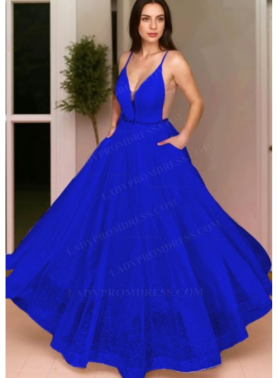 Royal Blue Ball Gown Spaghetti Straps Sequins Prom Dresses with Beaded Belt