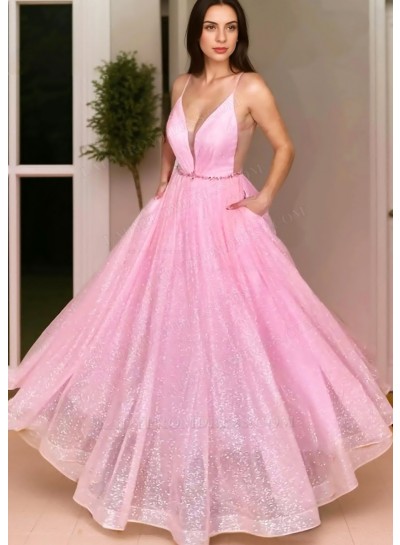 Pink Ball Gown Spaghetti Straps Glitter Sequins Prom Dresses with Beaded Belt