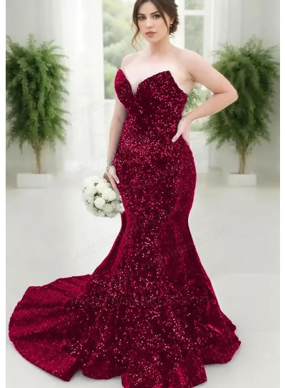Burgundy Strapless Sweetheart Sequins Plus Size Mermaid Prom Dresses