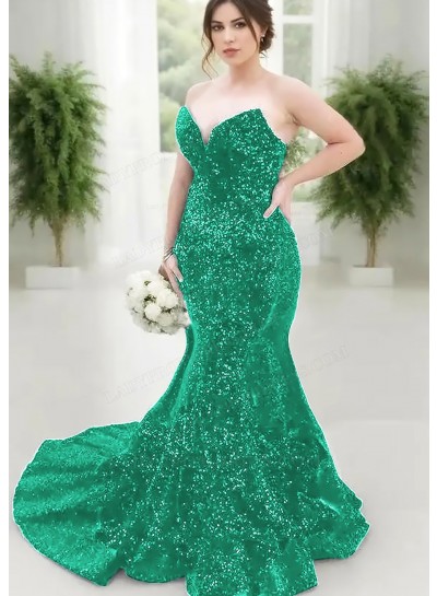 Emerald Strapless Sweetheart Sequins Plus Size Mermaid Prom Dresses