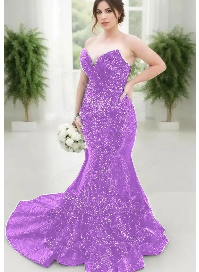 Lilac Strapless Sweetheart Sequins Plus Size Mermaid Prom Dresses