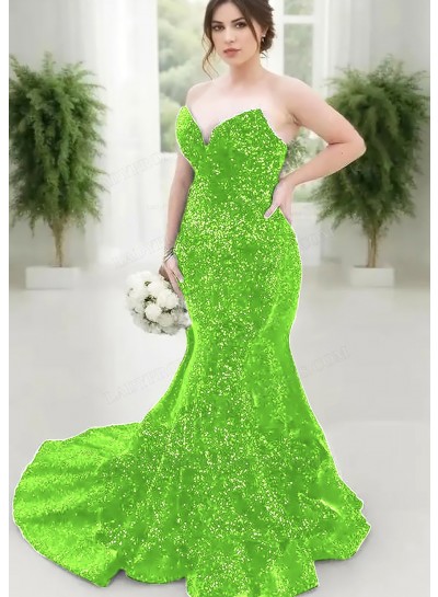 Lime Green Strapless Sweetheart Sequins Plus Size Mermaid Prom Dresses