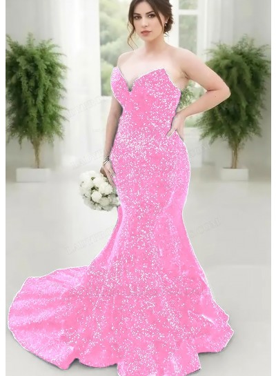 Pale Pink Strapless Sweetheart Sequins Plus Size Mermaid Prom Dresses