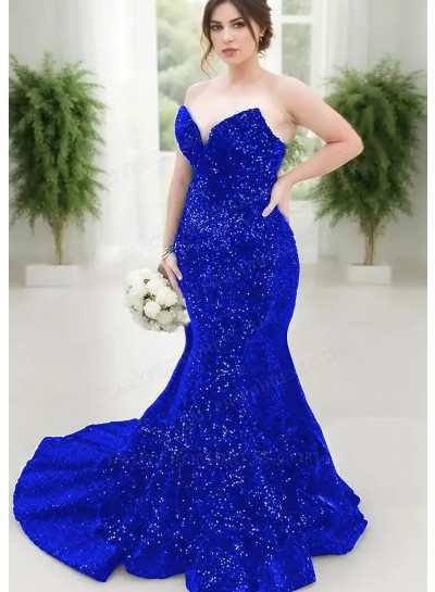 Royal Blue Strapless Sweetheart Sequins Plus Size Mermaid Prom Dresses