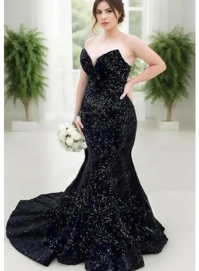 Black Strapless Sweetheart Sequins Plus Size Mermaid Prom Dresses