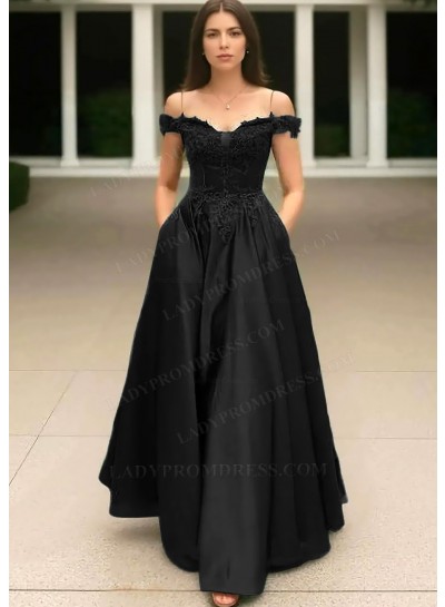 Black Off the Shoulder Satin Ball Gown Prom Dresses with Appliques