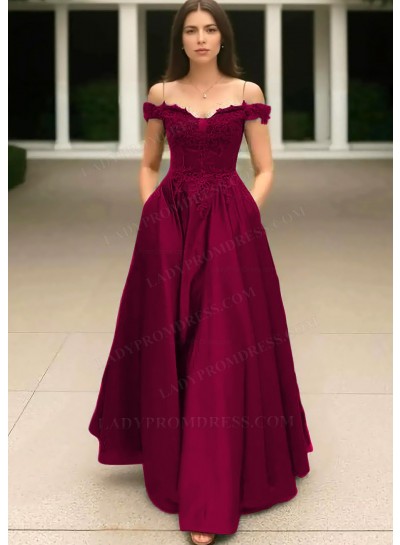 Burgundy Off the Shoulder Satin Ball Gown Prom Dresses with Appliques