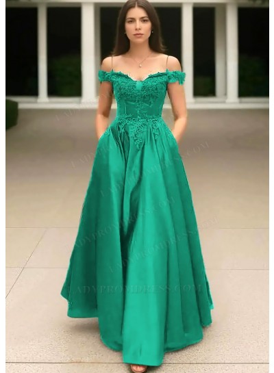 Emerald Off the Shoulder Satin Ball Gown Prom Dresses with Appliques