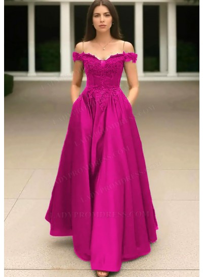 Fuchsia Off the Shoulder Satin Ball Gown Prom Dresses with Appliques