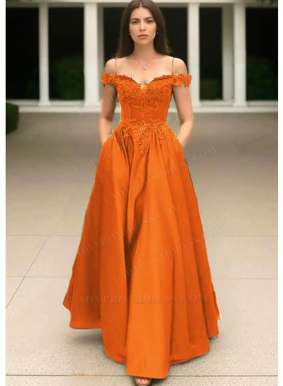 Orange Off the Shoulder Satin Ball Gown Prom Dresses with Appliques