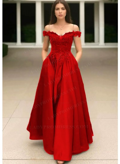 Red Off the Shoulder Satin Ball Gown Prom Dresses with Appliques