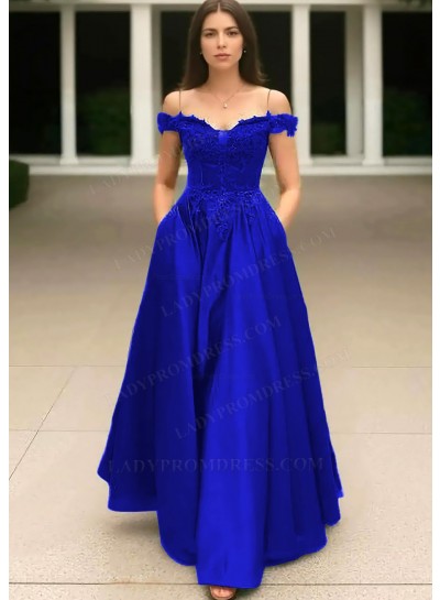 Royal Blue Off the Shoulder Satin Ball Gown Prom Dresses with Appliques