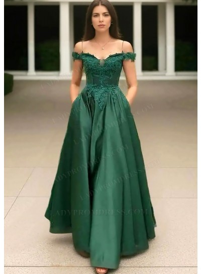 Emerald Green Off the Shoulder Satin Ball Gown Prom Dresses with Appliques