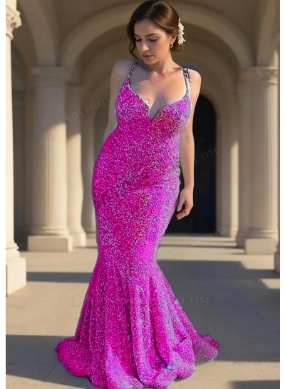 Fuchsia Sequins Spaghetti Straps V-Neck Mermaid Prom Dresses with Ruffles