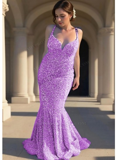 Lilac Sequins Spaghetti Straps V-Neck Mermaid Prom Dresses with Ruffles