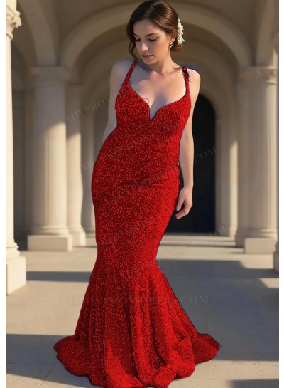 Red Sequins Spaghetti Straps V-Neck Mermaid Prom Dresses with Ruffles