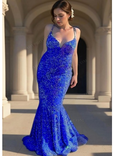 Royal Blue Sequins Spaghetti Straps V-Neck Mermaid Prom Dresses with Ruffles