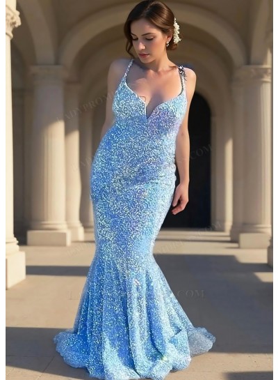 Blue Sequins Spaghetti Straps V-Neck Mermaid Prom Dresses with Ruffles