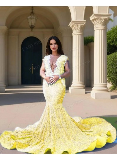 Daffodil V-neck Sequins Cap Sleeves Mermaid Prom Dresses with Beaded