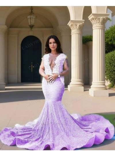Lilac V-neck Sequins Cap Sleeves Mermaid Prom Dresses with Beaded