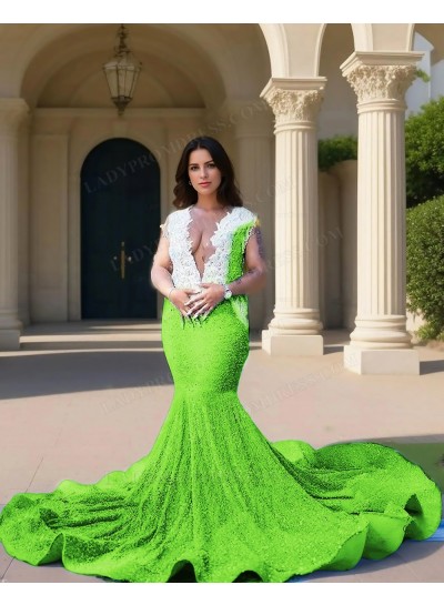 Lime Green V-neck Sequins Cap Sleeves Mermaid Prom Dresses with Beaded