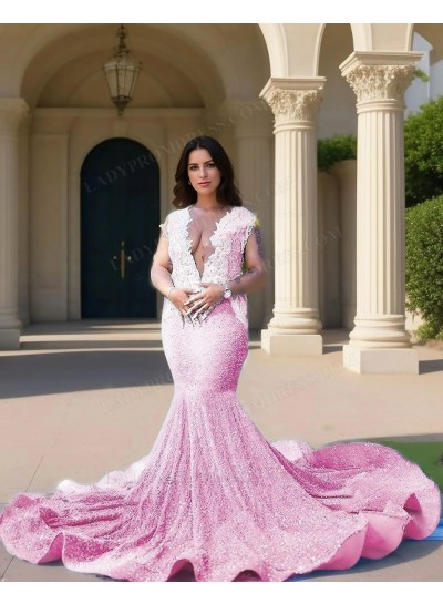 Pale Pink V-neck Sequins Cap Sleeves Mermaid Prom Dresses with Beaded