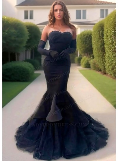 Strapless Black Mermaid Tulle Prom Dresses