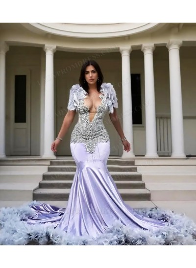 Lavender Deep V-neck Satin Mermaid Prom Dresses with Feathers