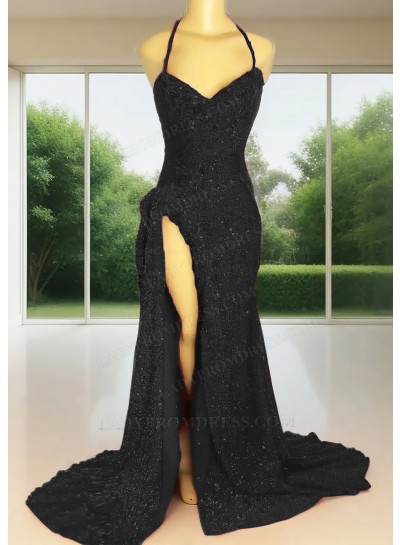 Black Sequins Halter Neck High-Slit Mermaid Prom Dresses