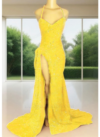 Daffodil Sequins Halter Neck High-Slit Mermaid Prom Dresses