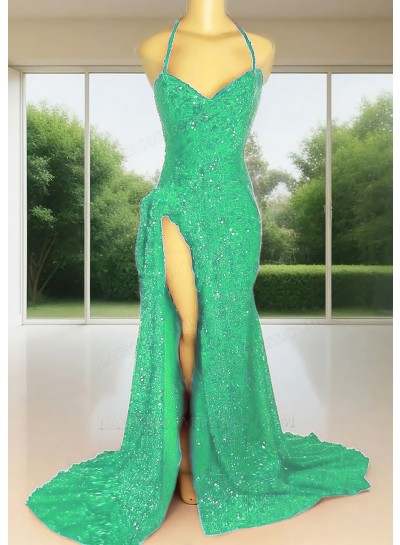 Emerald Sequins Halter Neck High-Slit Mermaid Prom Dresses