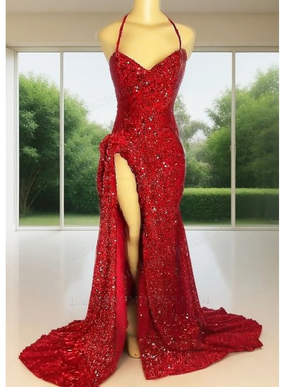 Red Sequins Halter Neck High-Slit Mermaid Prom Dresses