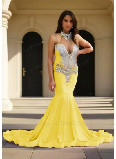 Daffodil Halter Satin Ruffles Mermaid Prom Dresses with Beaded