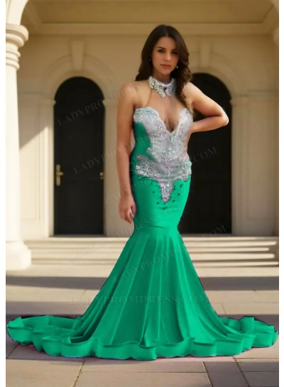 Emerald Halter Satin Ruffles Mermaid Prom Dresses with Beaded