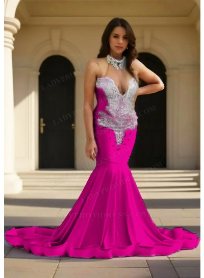Fuchsia Halter Satin Ruffles Mermaid Prom Dresses with Beaded