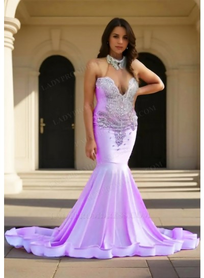 Lilac Halter Satin Ruffles Mermaid Prom Dresses with Beaded