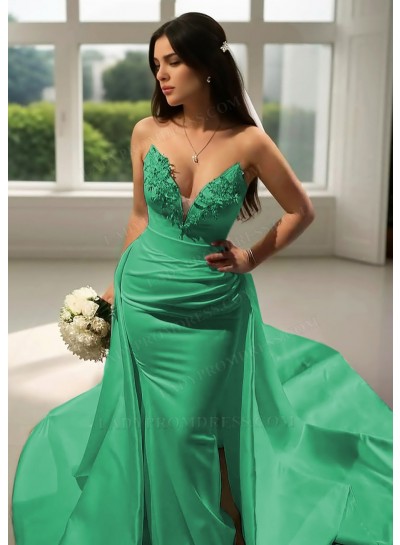 Emerald Satin V-Neck Formal Sheath Prom Dresses with Beaded