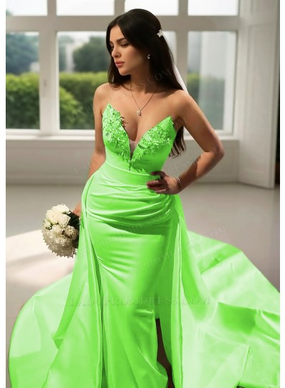 Lime Green Satin V-Neck Formal Sheath Prom Dresses with Beaded