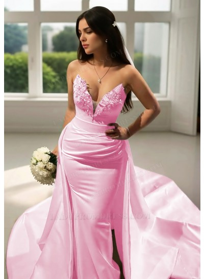 Pale Pink Satin V-Neck Formal Sheath Prom Dresses with Beaded