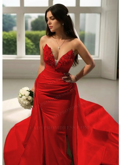 Red Satin V-Neck Formal Sheath Prom Dresses with Beaded