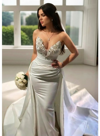 Ivory Satin V-Neck Formal Sheath Prom Dresses with Beaded