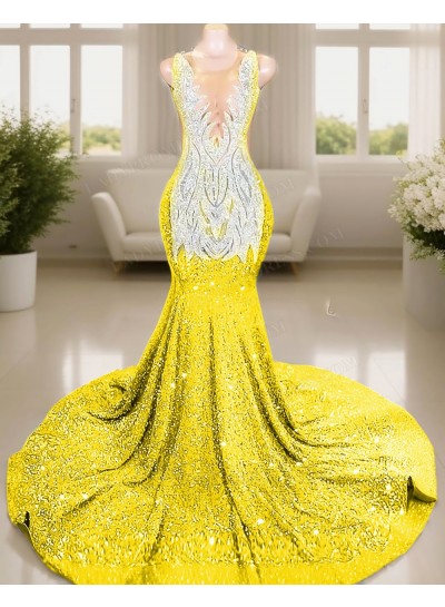 Daffodil V-neck Sleeveless Glitter Mermaid Prom Dresses