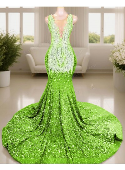 Lime Green V-neck Sleeveless Glitter Mermaid Prom Dresses