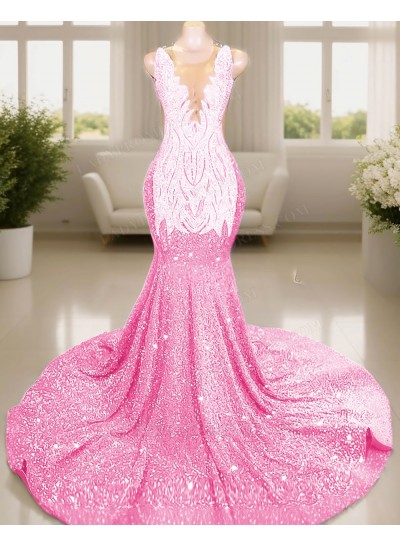 Pale Pink V-neck Sleeveless Glitter Mermaid Prom Dresses